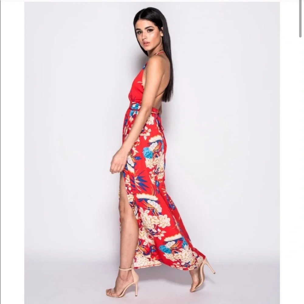 Red Floral Strappy Open Back Thigh Slit Maxi Dress - Picture 4 of 7